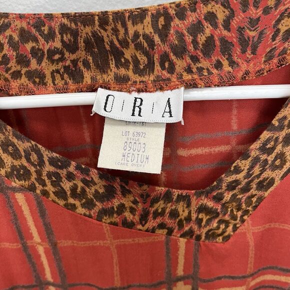O R A | Ora Vintage Red Plaid Tunic Top Animal Print Trim Medium Off Center Neck - Picture 4 of 5